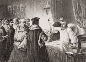 John Wycliffe (ca. 1330-84) auf seinem Krankenbett von den Mönchen in Oxford angegriffen, 1378, aus 